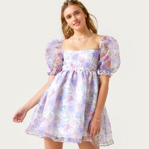 Francesca's Audrey Parks Floral Organza Puff Sleeve Mini Babydoll Dress